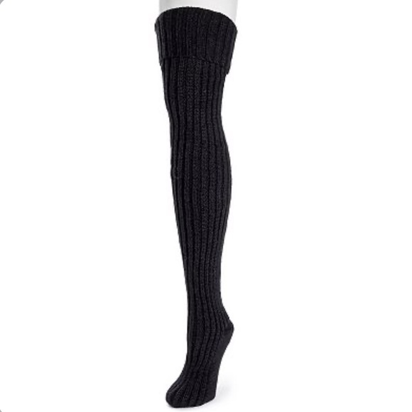 MUK LUKS Chunky Rib Over The Knee Socks in “Ebony” Black - Picture 2 of 11